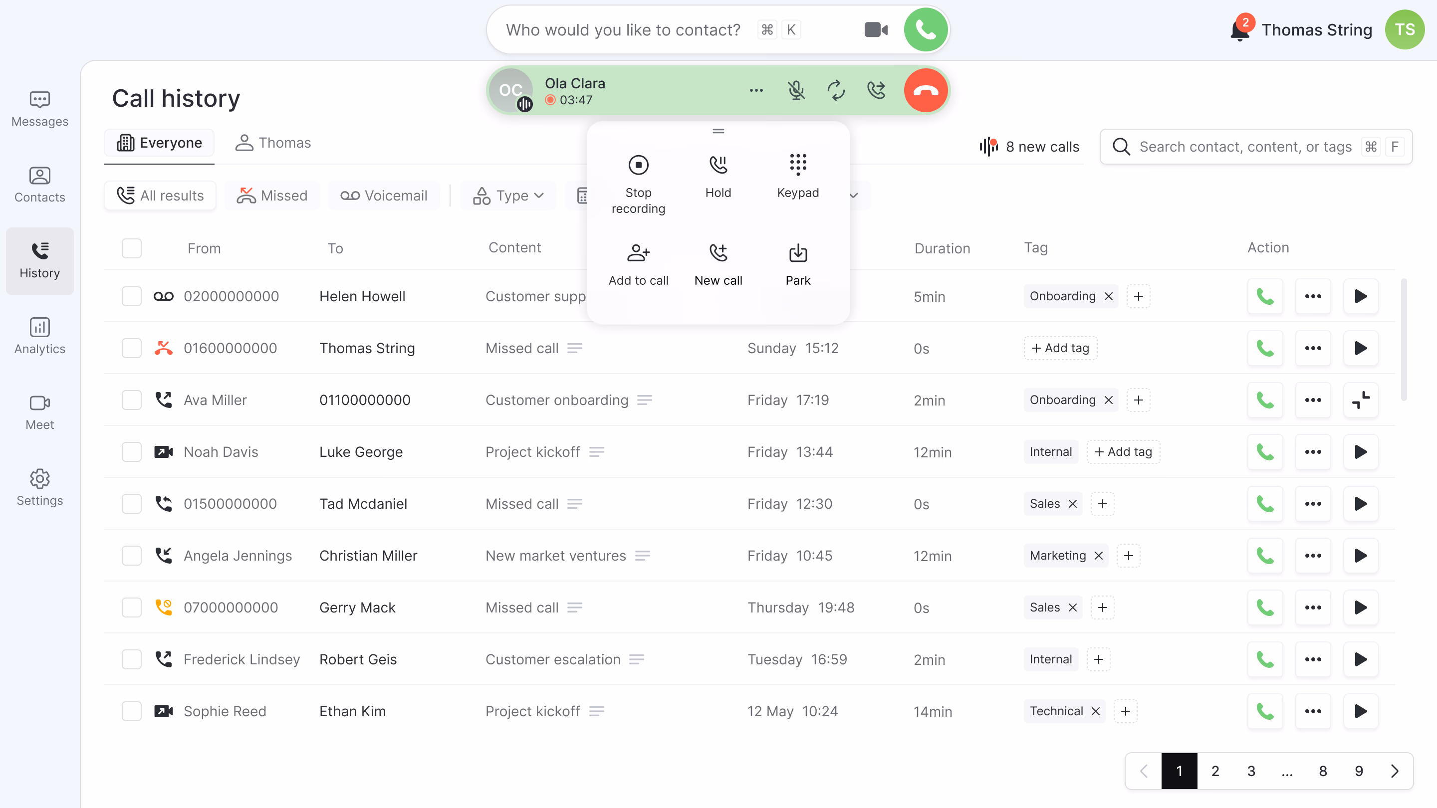 Olatti desktop showing call history, an active recorded call and call controls